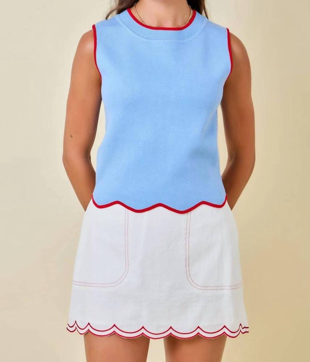 NEW DAY + MOON lake day scallop sweater tank in blue/red
